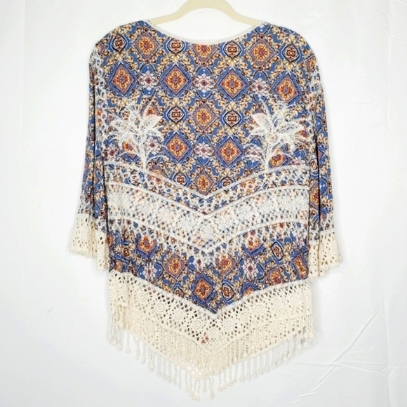 Crochet Lace Floral Top Size L Flare Sleeve Fringe Trim Boho Festival Tunic - Picture 2 of 10